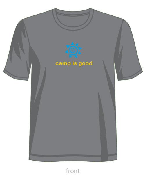 A gray t-shirt with the words camp is good written in yellow.