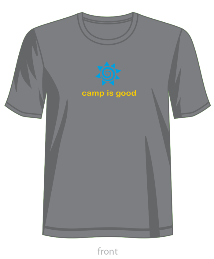 A gray t-shirt with the words camp is good written in yellow.