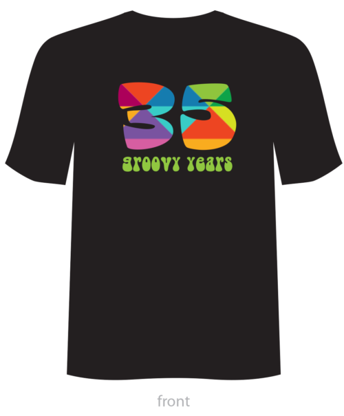 A black t shirt with the number 3 5 in rainbow colors.