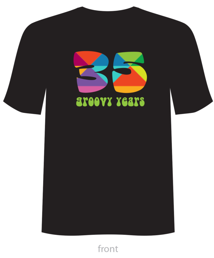 A black t shirt with the number 3 5 in rainbow colors.