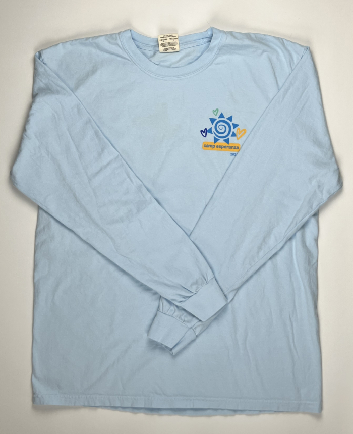 A light blue long sleeve shirt with a logo on the front.