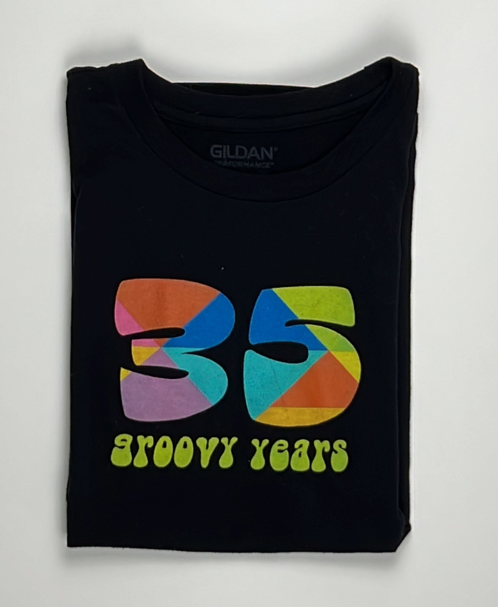 A black t-shirt with the number 3 5 in colorful letters.