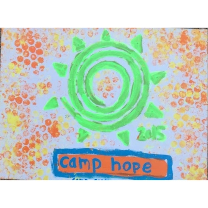 A painting of an orange and green sun with the words " camp hope ".