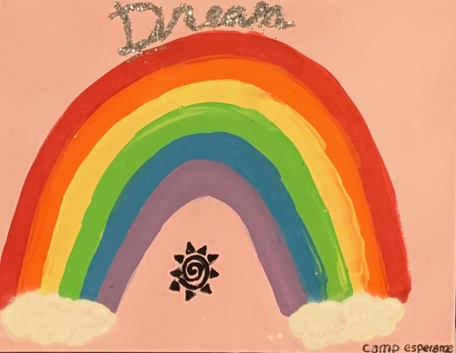 A painting of a rainbow with the word " dream " written in silver.