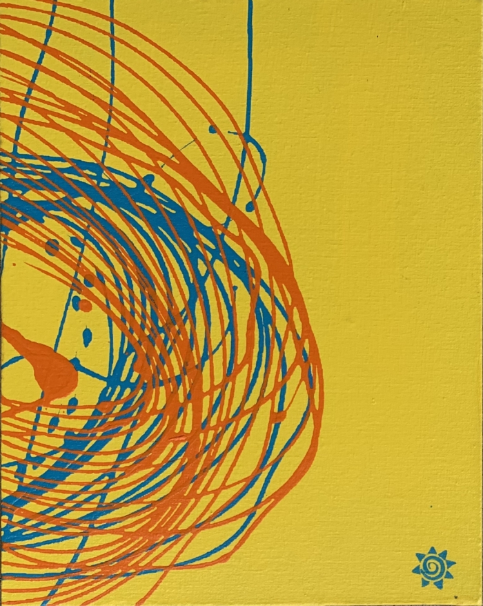 A painting of an orange and blue spiral on a yellow background.