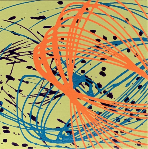 A painting of orange and blue swirls on a yellow background.