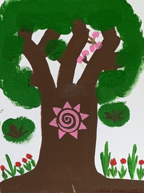 A painting of a tree with sun in the middle.