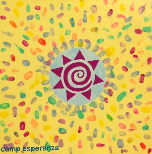 A painting of a sun with colorful dots on it.