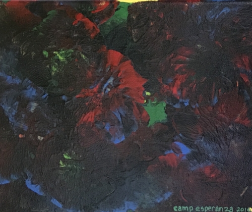 A painting of red and blue flowers on canvas.