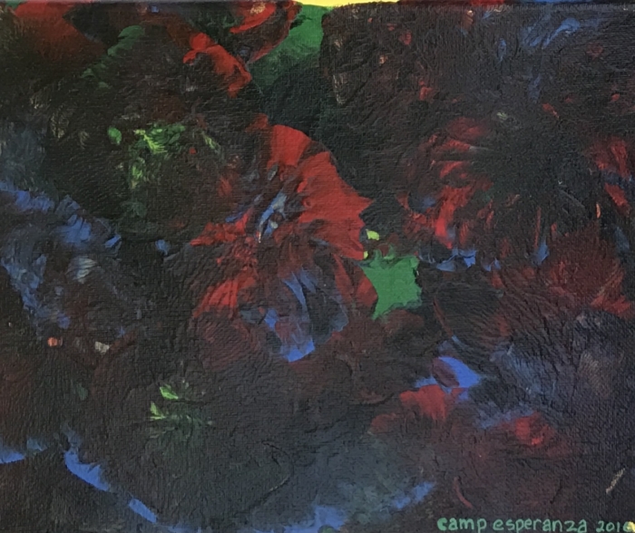 A painting of red and blue flowers on canvas.