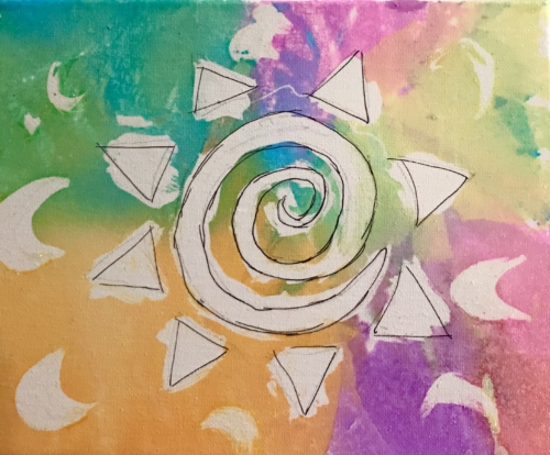 A painting of an abstract sun with triangles.