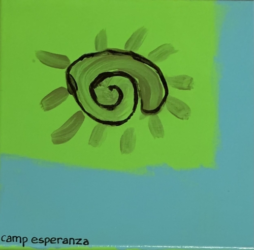 A painting of a sun with the name camp esperanza written underneath it.