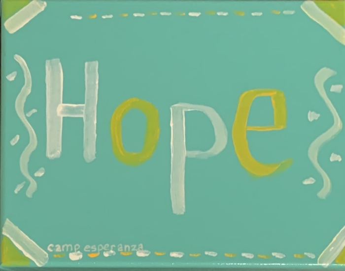 A painting of the word hope on a blue background