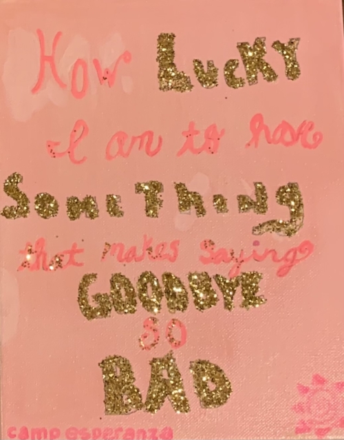 A pink wall with gold writing on it.