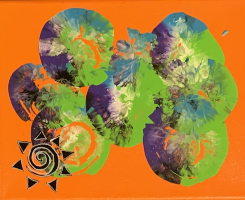 A painting of green and purple leaves on an orange background.