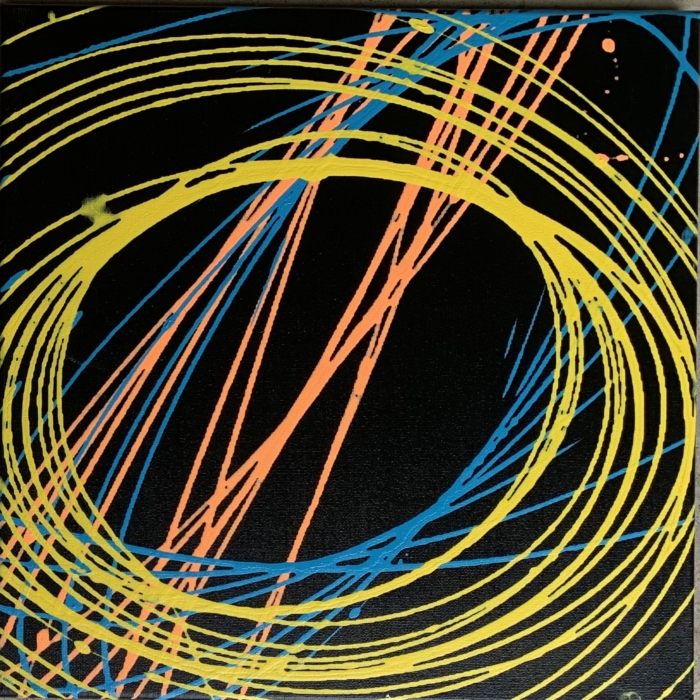 A painting of a circular pattern in blue, orange and yellow.