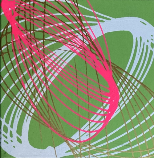 A painting of pink and white circles on green.