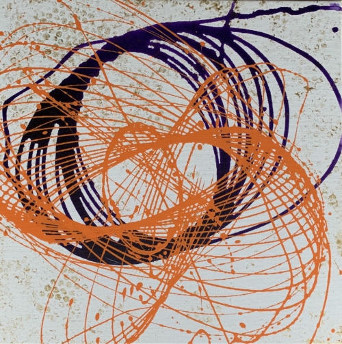 A painting of an orange and purple circle