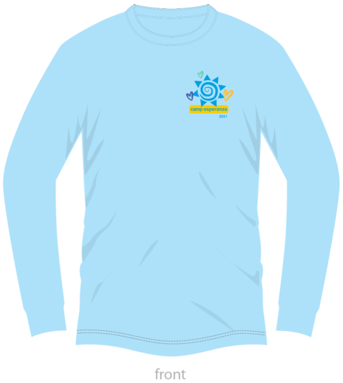 A light blue long sleeve shirt with a sun and bird on it.