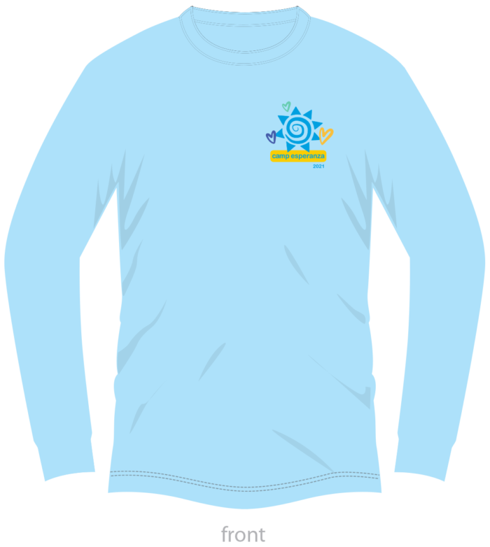A light blue long sleeve shirt with a sun and bird on it.