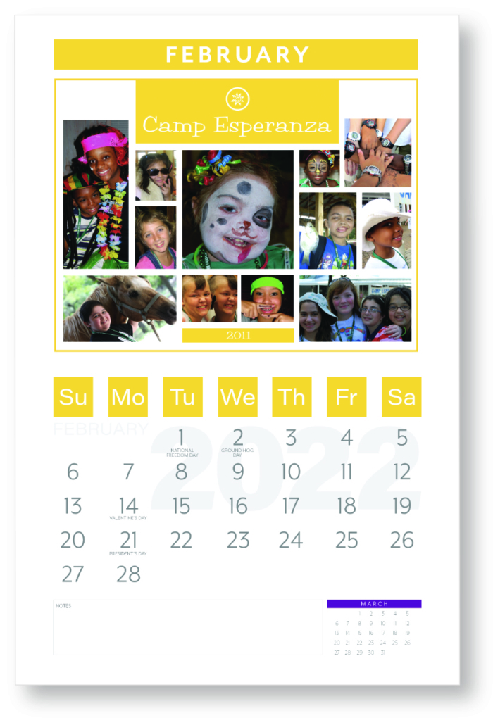 A calendar with pictures of people in the center.