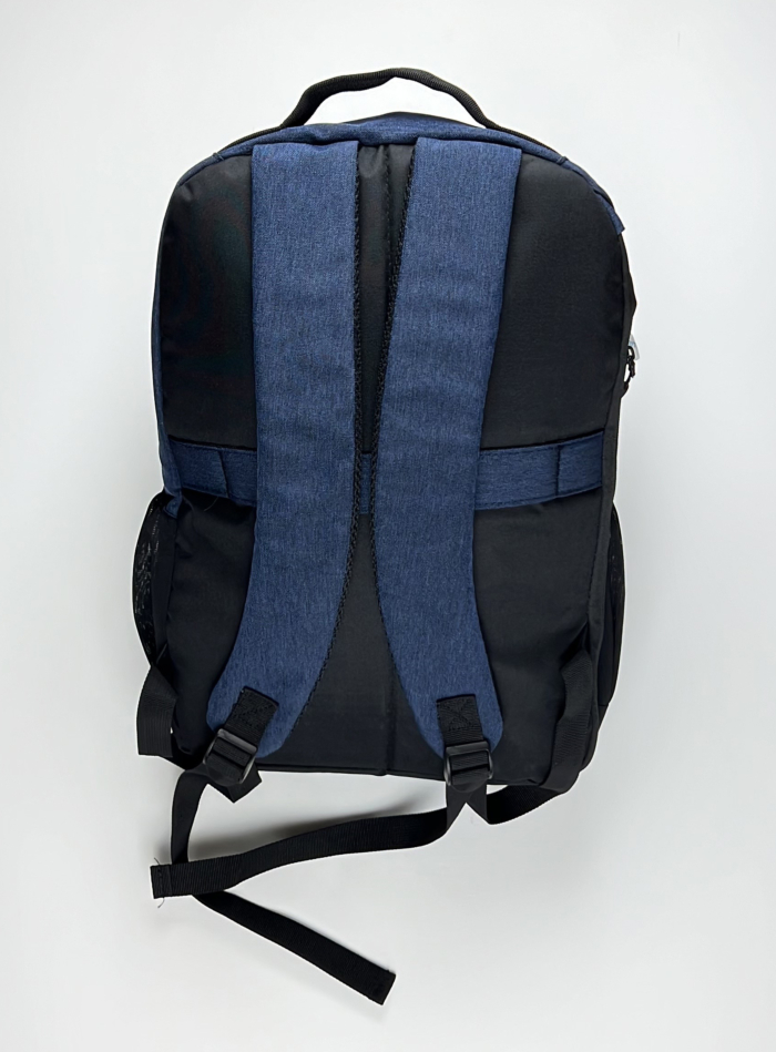 A backpack with two straps and a blue back.