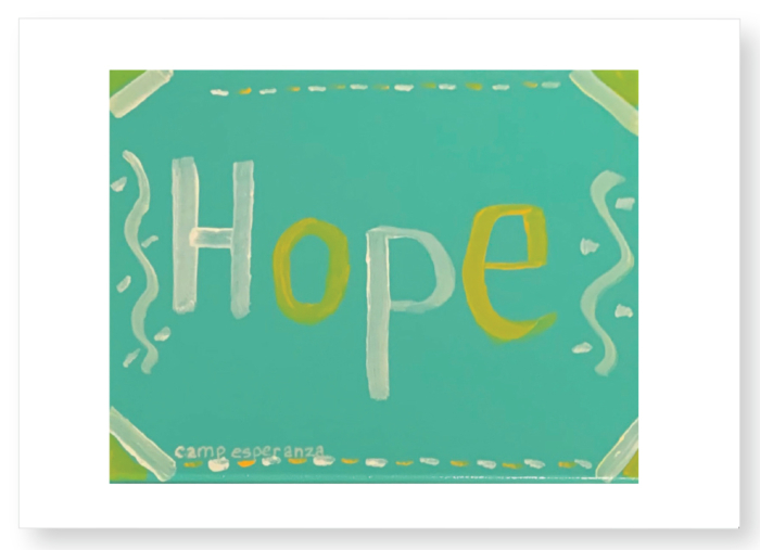 A painting of the word hope on a blue background