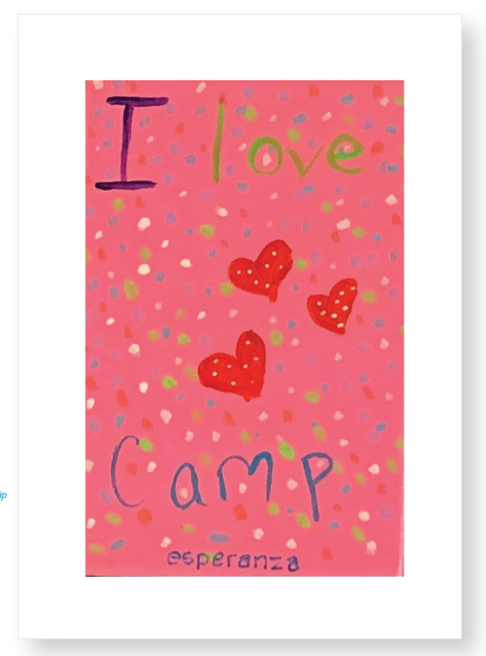 A pink card with hearts and the words " i love camp ".