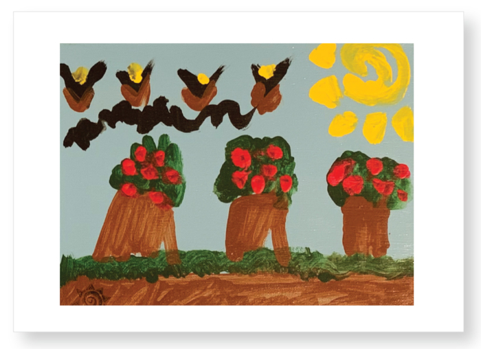 A painting of flowers in pots with birds flying above.