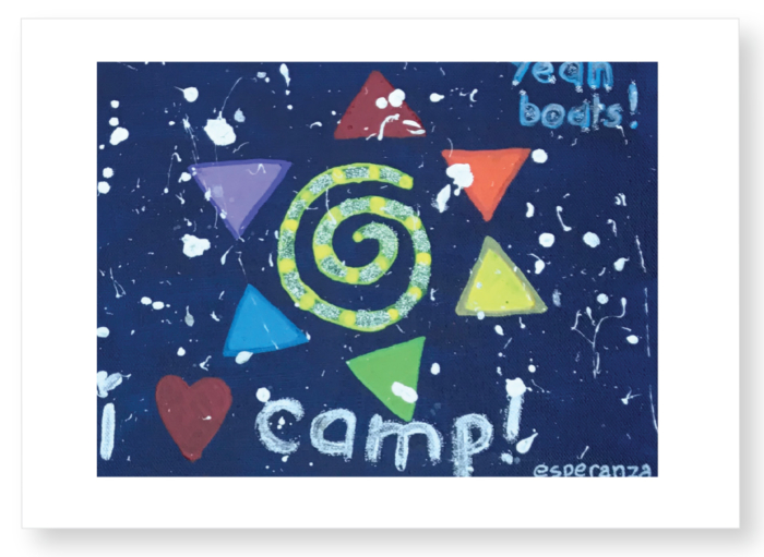 A painting of a star with the words " camp !" written on it.