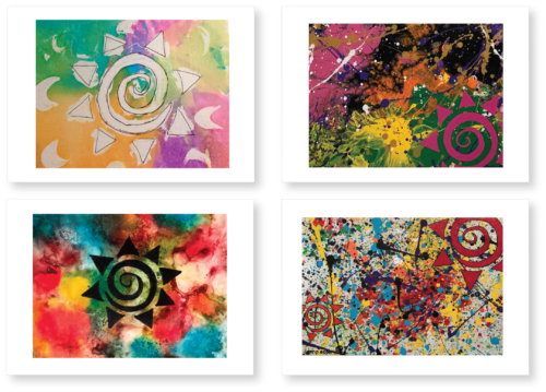 Four different paintings of flowers and swirls.