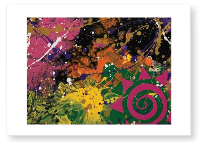 A painting of flowers and paint splashes