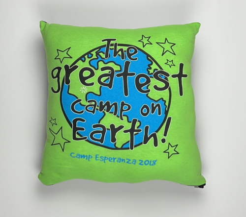 A pillow with the words " camp esperanza 2 0 1 5 " written on it.